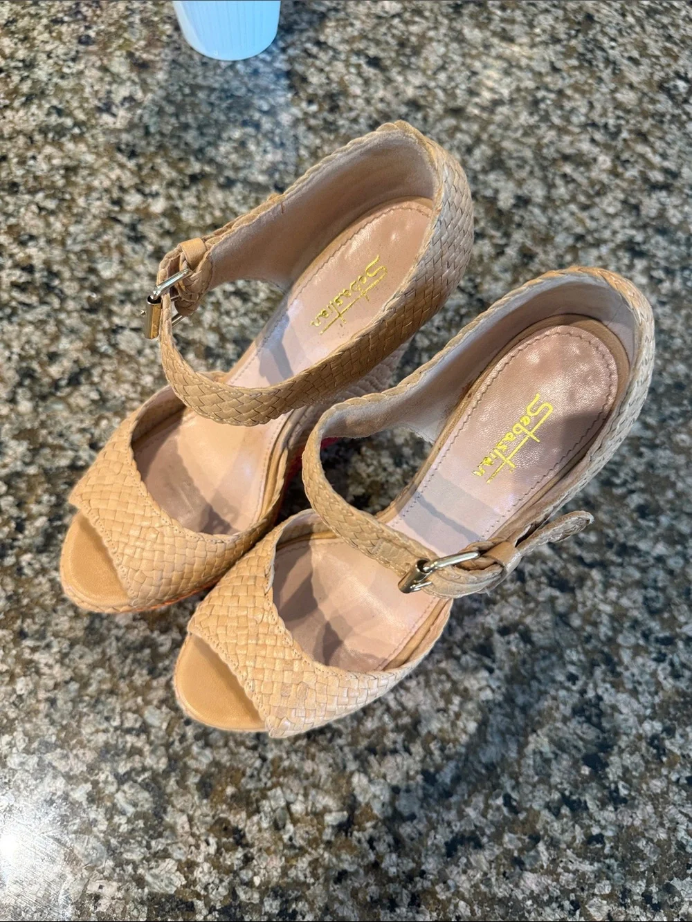 Tan Woven Platform Wedge Sandals with Red & Orange Accent